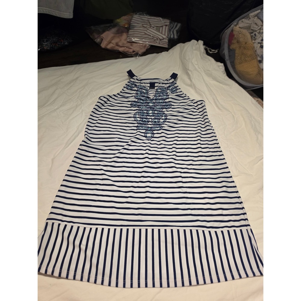 Cabana Life Navy White Striped Embroidered Shift Dress Pockets UPF 50 Large